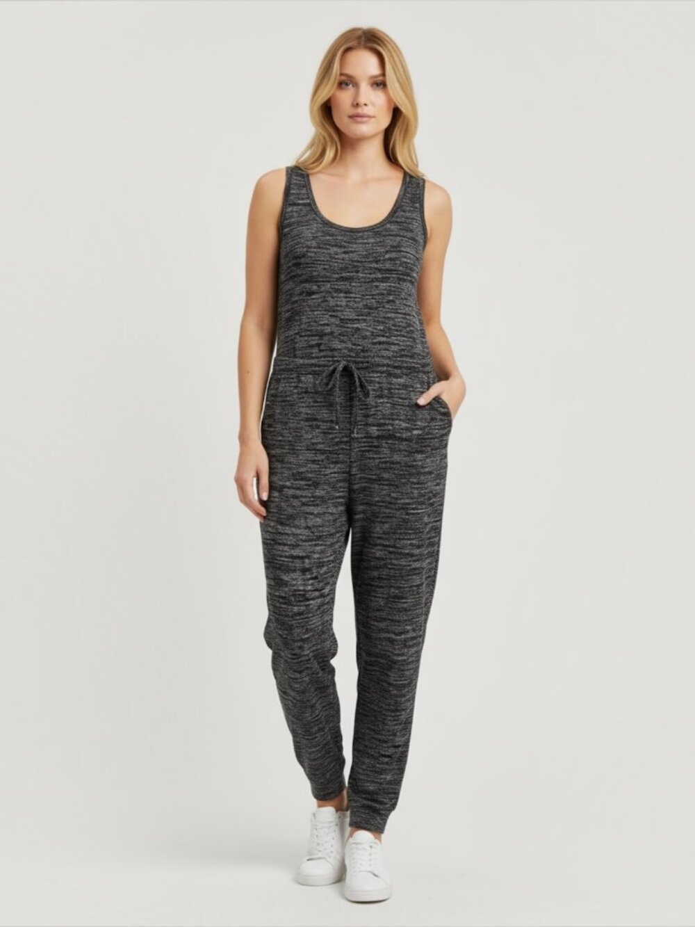 ELOQUII Space Dye Knit Jogger Jumpsuit Size 14/16 Black Gray Sleeveless